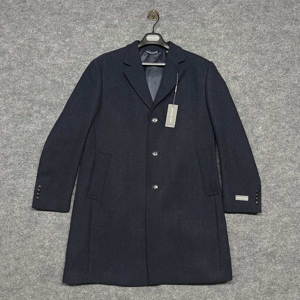 Michael Kors Overcoat Mens 42 Short Navy Blue Kavon Herringbone Wool Blend NEW